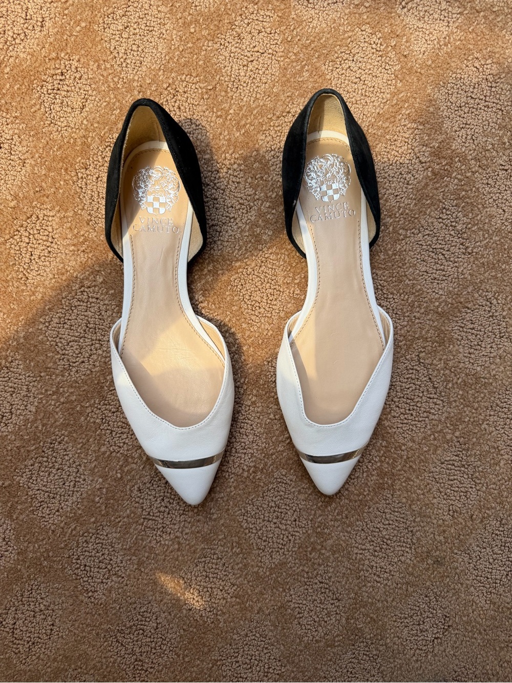 Vince Camuto Two-Tone Pointed Toe D'Orsay Flats in White and Black